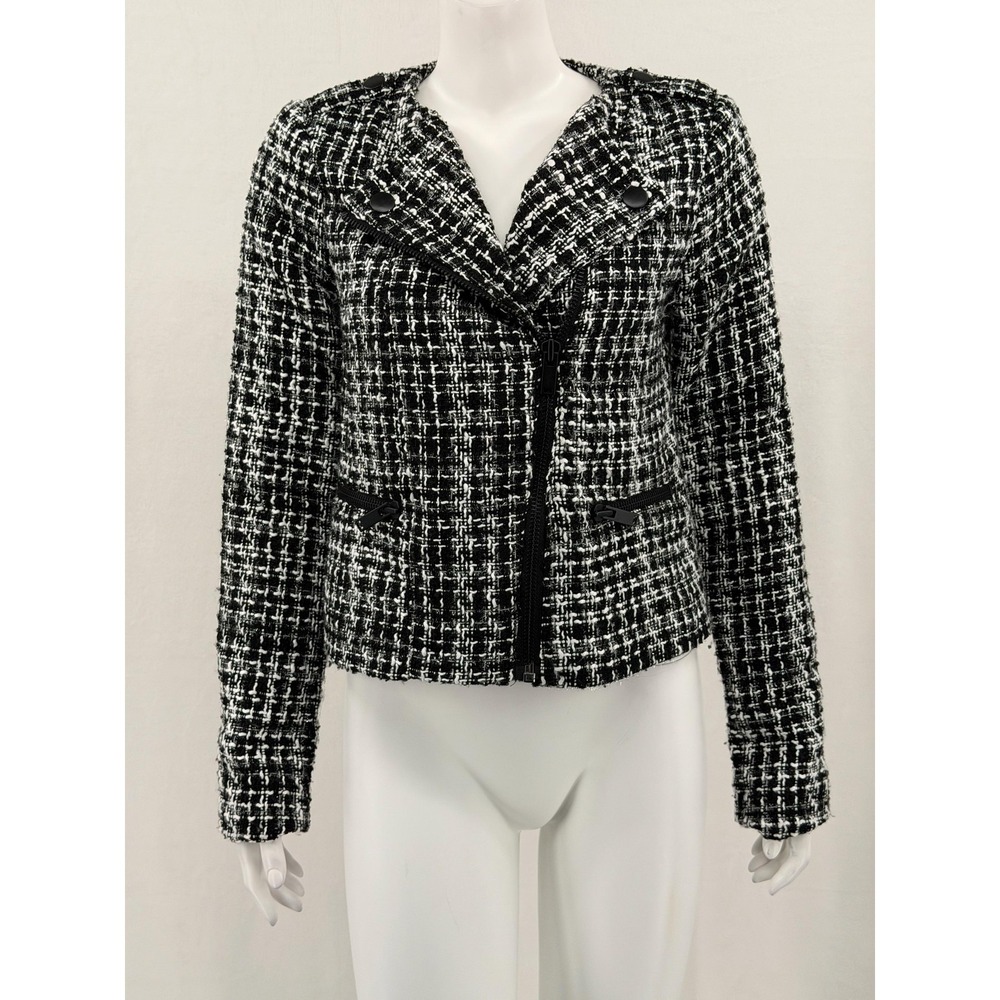 Simply Vera Wang Jacket Womens XS Black White Tweed Moto Zip Academia Office